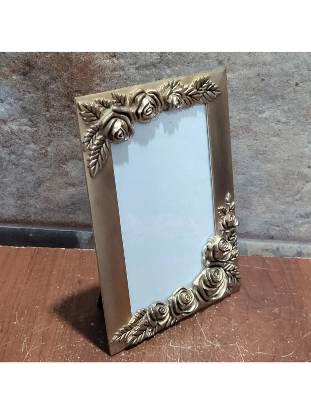 Vintage Metal Gold Tone Photo Picture Frame 3D Floral Roses Leaf Border